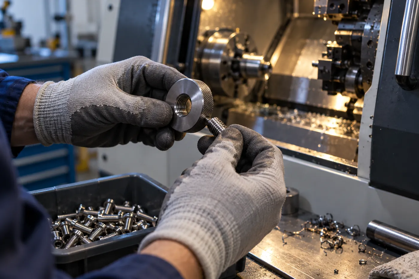 À l’atelier, des mains gantées contrôlent le filetage d’une vis inox avec une bague filetée, devant un tour à commande numérique.