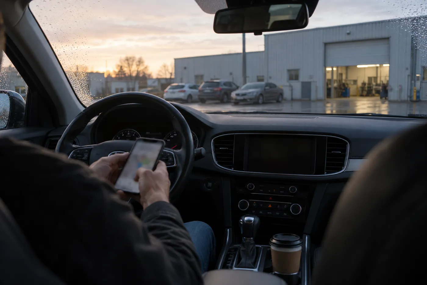 Tôt le matin, dans une voiture garée devant un atelier d’usinage, des mains tiennent un téléphone.